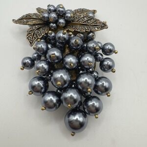Vintage Grape Cluster Brooch Crystal & Faux Pearl Dangles Sewn in Large Quality